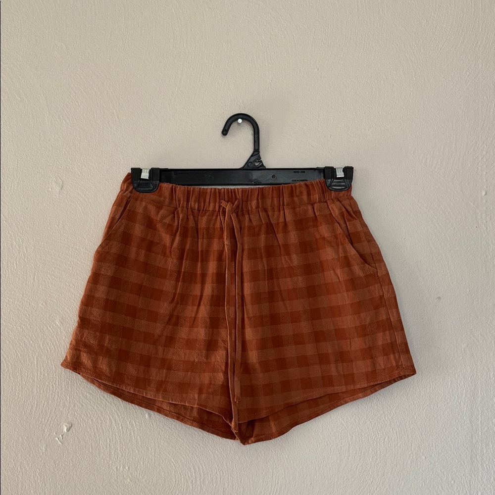 Sadie & Sage Rust Plaid High-Waist Drawstring Shorts
